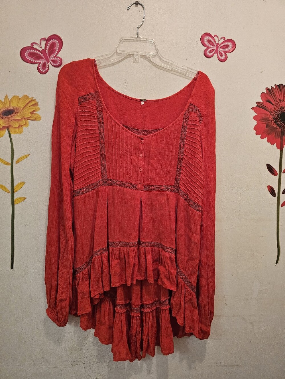 Free People Women’s Red Long-Sleeve Peasant Blouse - Boho Ruffle Tunic